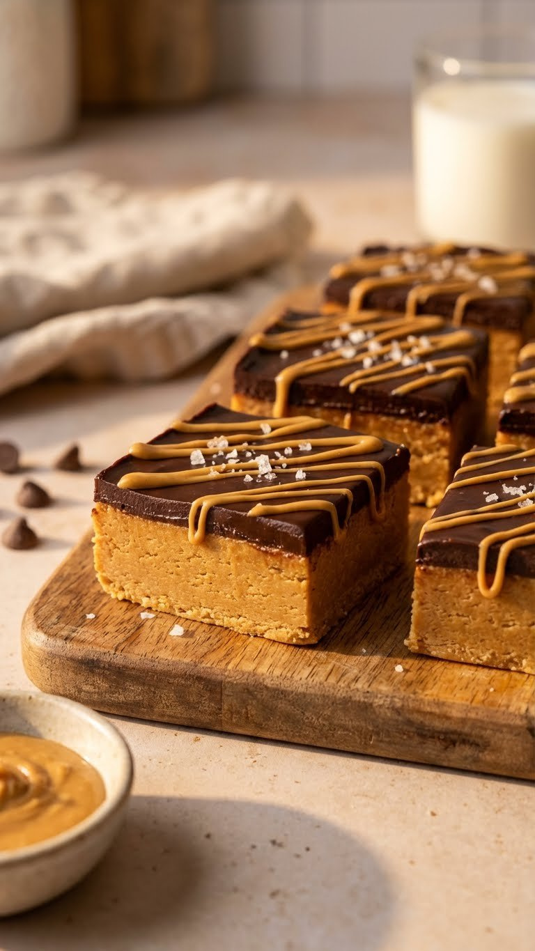 Plate Of No-Bake Peanut Butter Bars With Thick Base, Chocolate Ganache, And Sea Salt Drizzle On A Wooden Board.