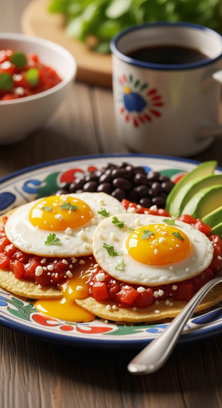 Plate Of Quick Huevos Rancheros With Sunny-Side-Up Eggs Ranchero Salsa Cotija Cheese And Cilantro With Black Beans Avocado And Coffee