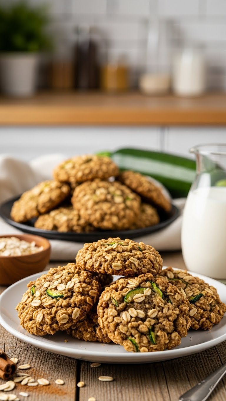 Plate Of Soft Chewy Zucchini Oatmeal Cookies With Visible Oats And Cinnamon On Rustic Wooden Table