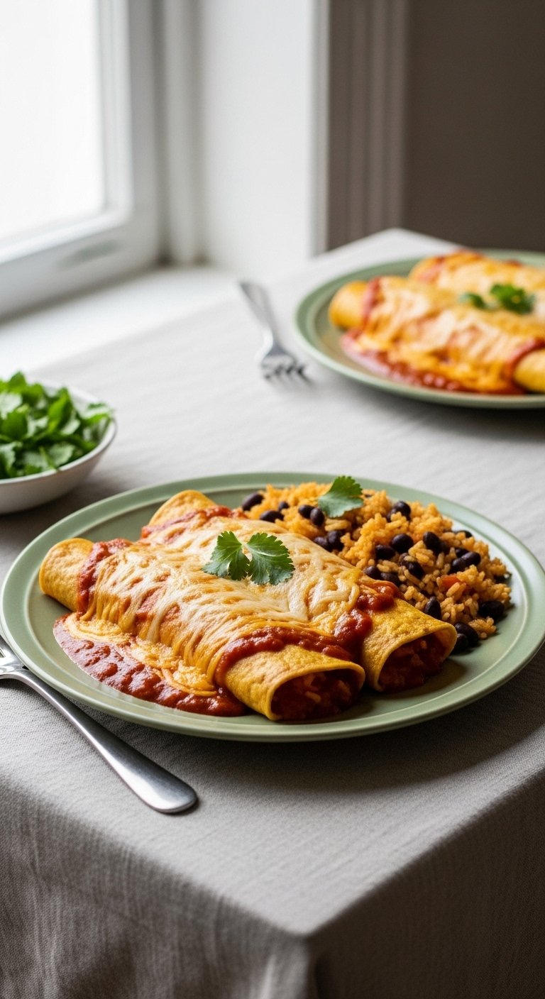 Plate Of Two Queso Chicken Enchiladas Served With Mexican Rice And Black Beans.