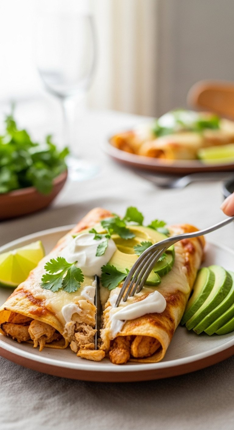 Plate Of Two Enchiladas Garnished With Sour Cream, Cilantro, And Fresh Avocado.