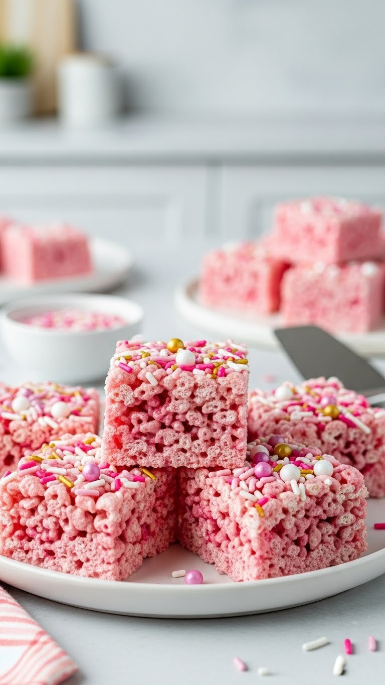 Plate Of Vibrant Pink Rice Krispie Treats Topped With Sparkly Sprinkles On White Ceramic Plate