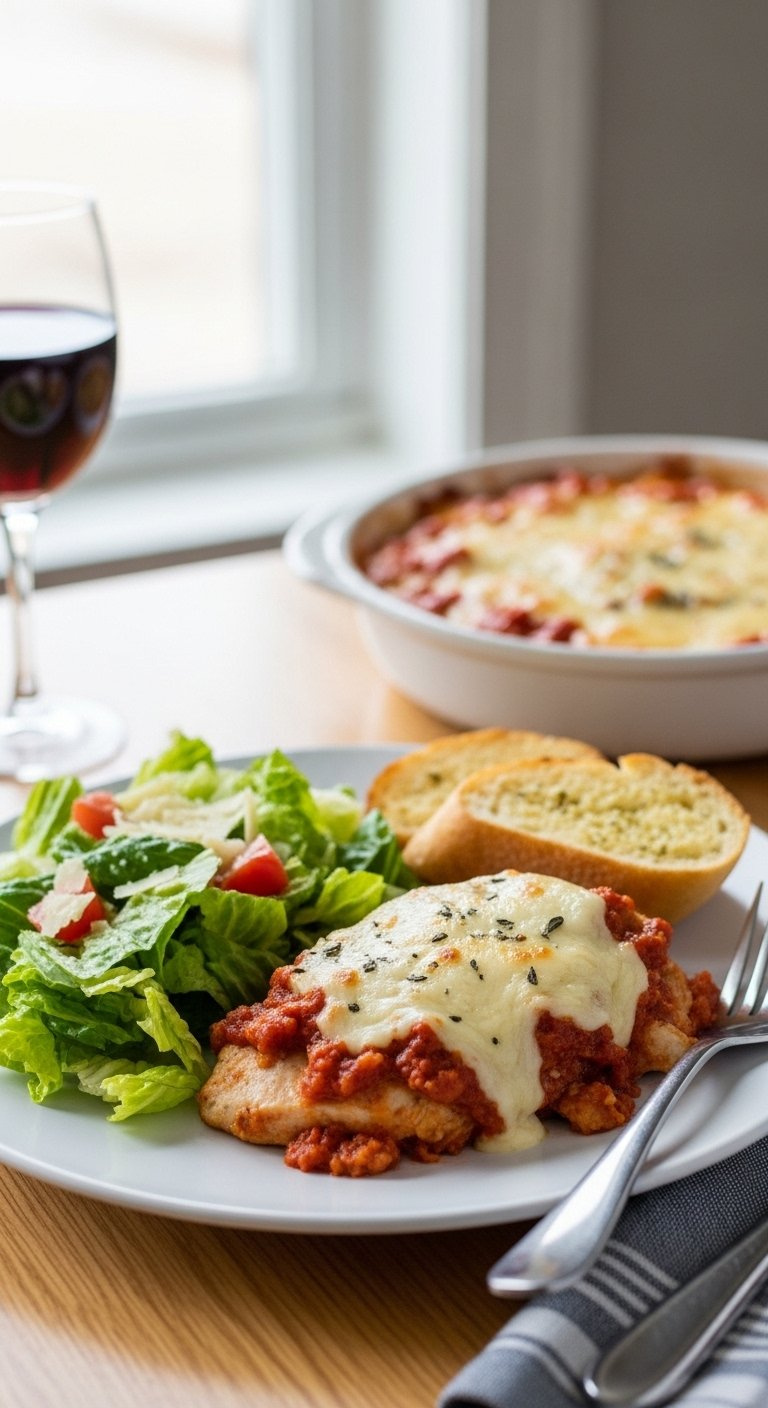 Plated Chicken Parmesan Casserole Served With Caesar Salad And Garlic Bread On A White Plate.