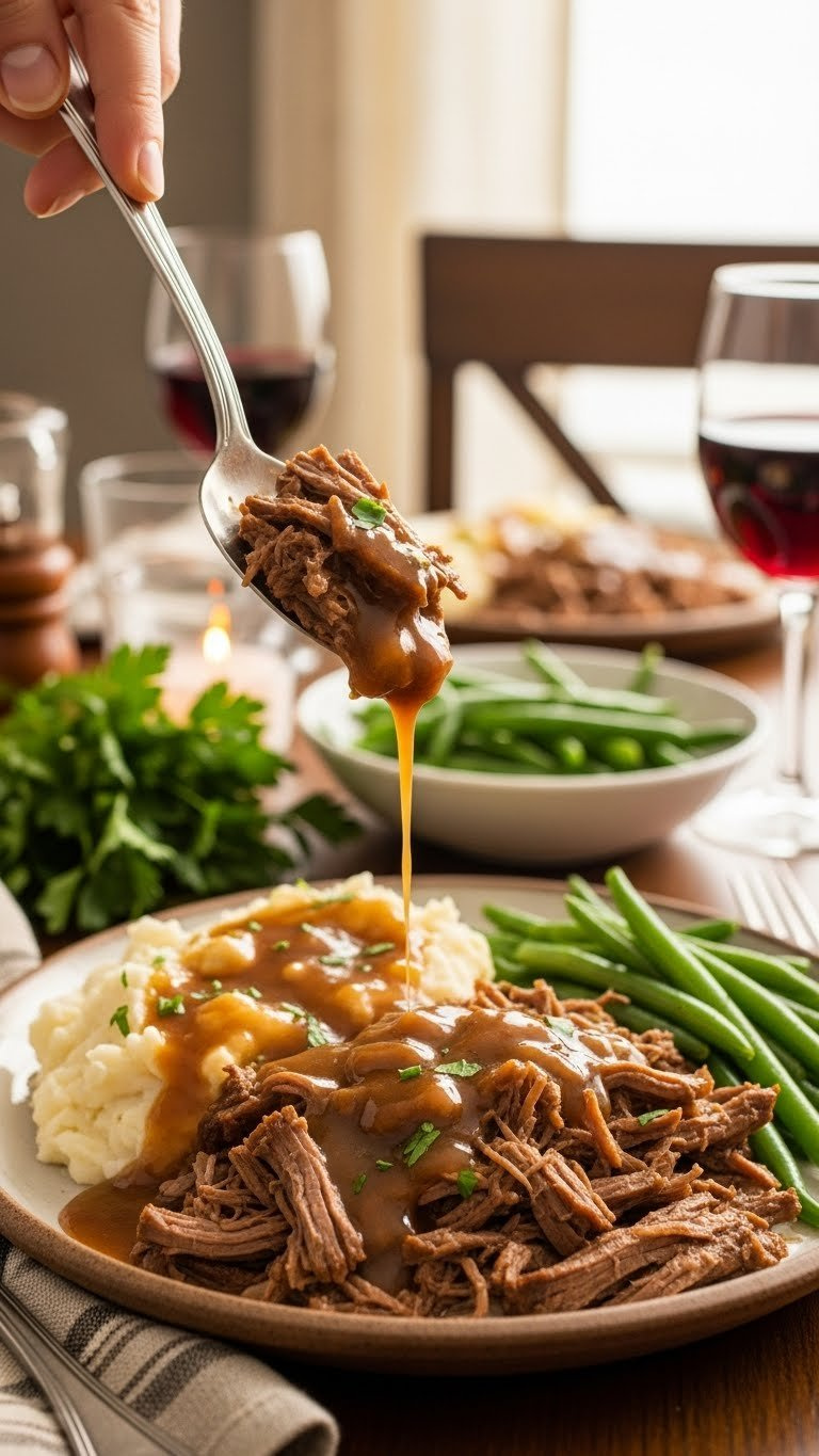 Plated Instant Pot Mississippi Pot Roast With Tender Shredded Beef, Rich Gravy, And Mashed Potatoes On A Rustic Ceramic Plate.