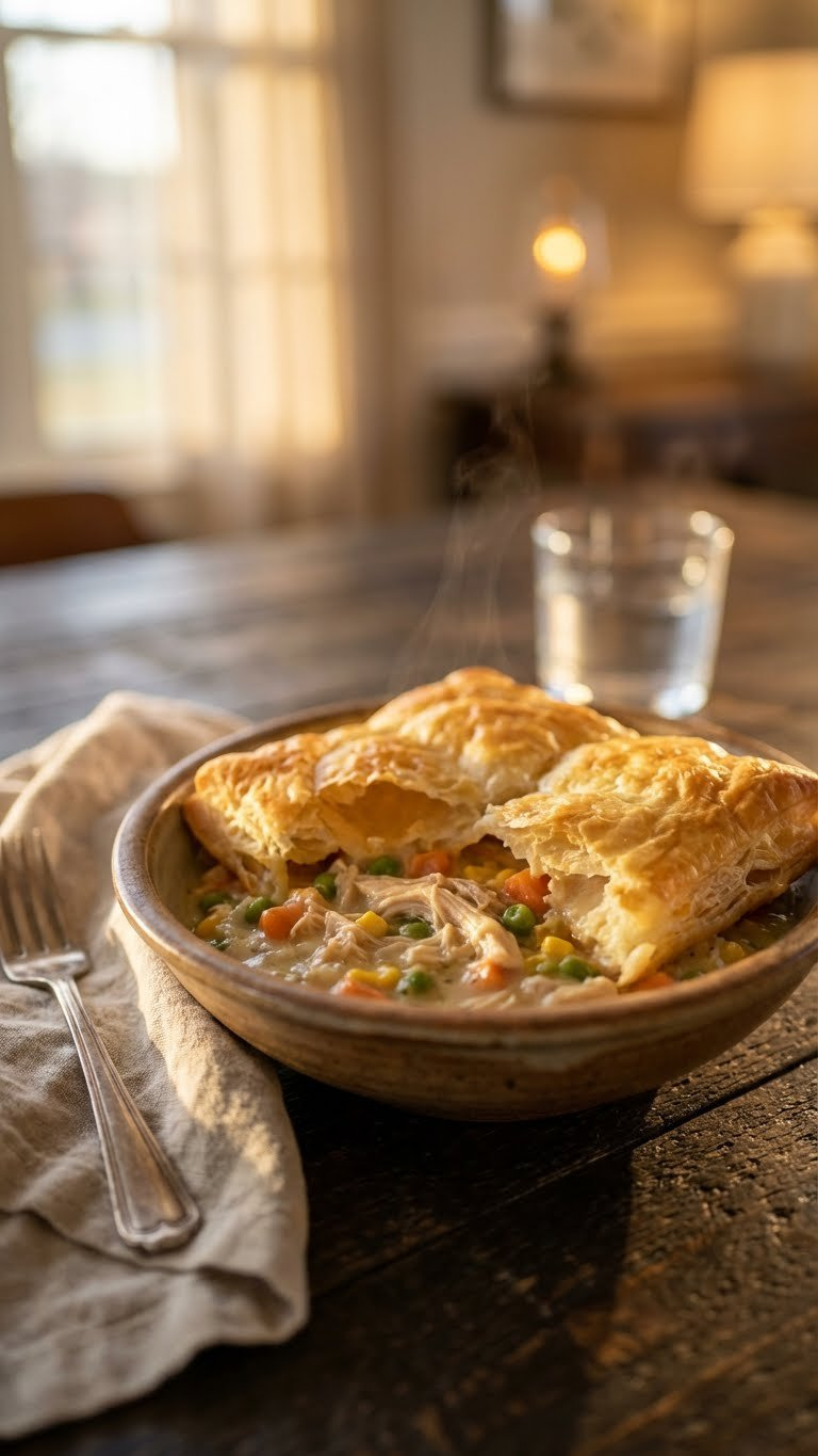 Plated Instant Pot Chicken Pot Pie With Golden Crust, Chicken, And Vegetables In A Rustic Bowl On A Cozy Wooden Table.