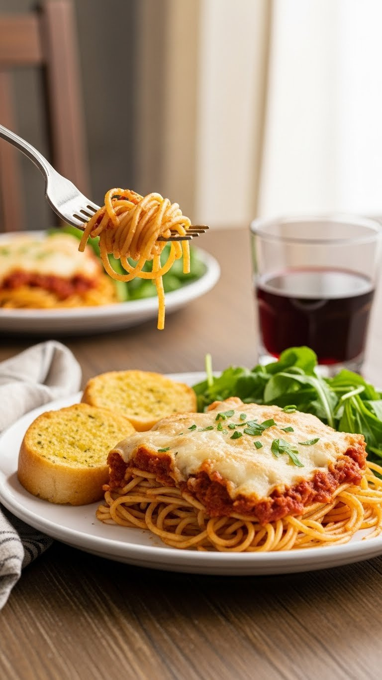 Plated Baked Spaghetti Dinner With Garlic Bread And Green Salad Arranged On Rustic Wooden Table Setting