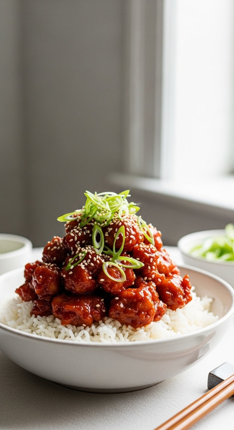 Plated Bowl Of Glossy Red Spicy Korean Chicken Served Over Fluffy White Rice Garnished With Spring Onions.