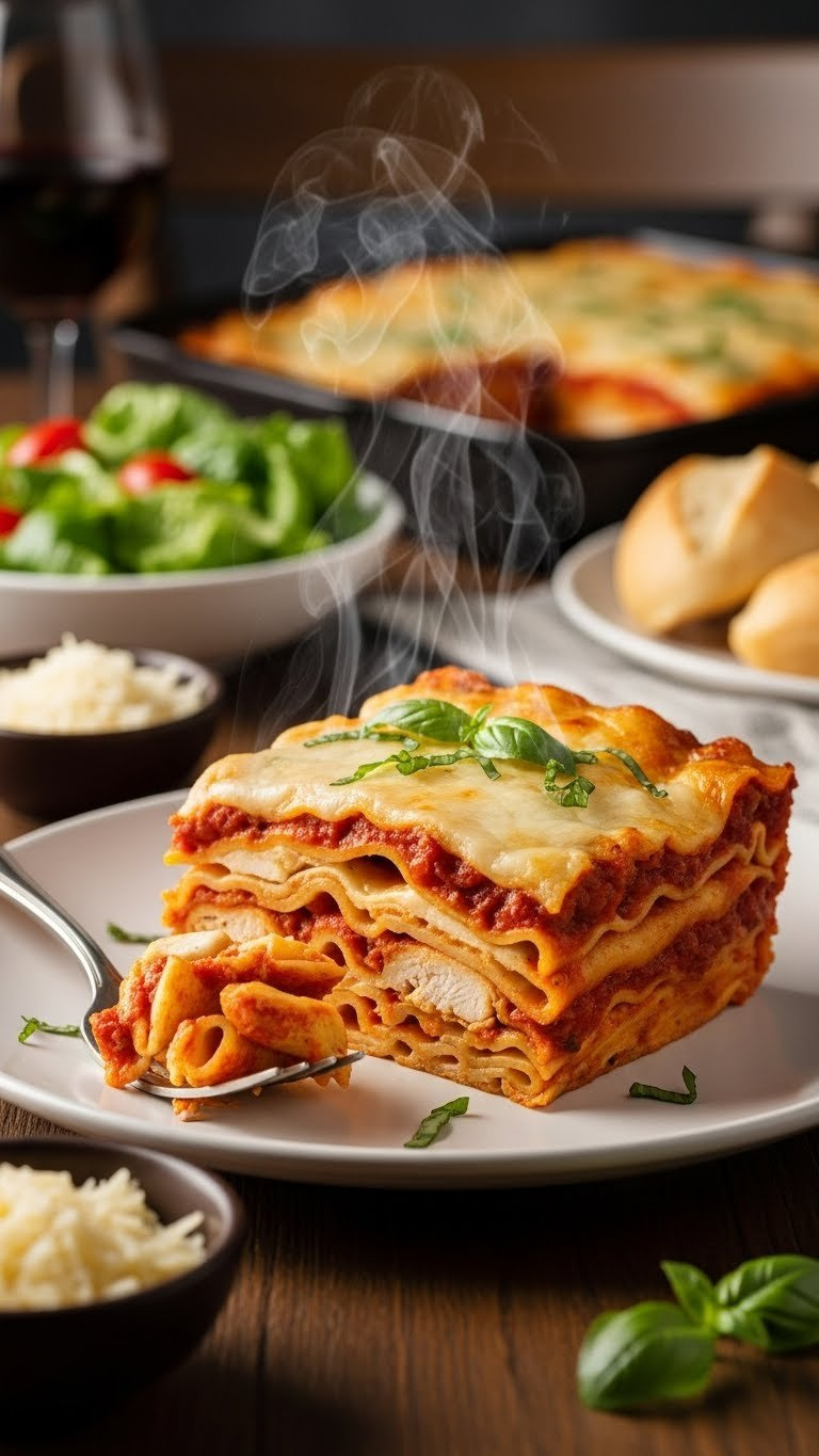 Plated Chicken Baked Ziti Slice Showing Cheesy Layers And Tender Chicken With Fresh Basil Garnish