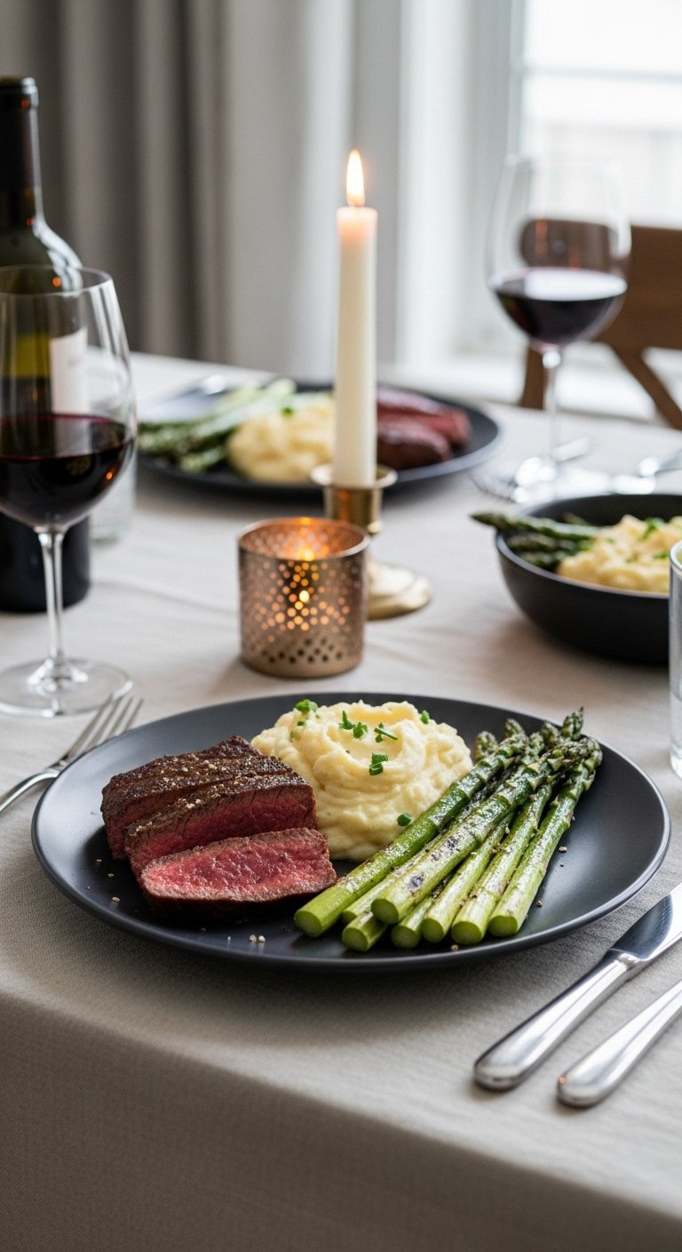 Plated Cowboy Butter Steak Dinner Served With Mashed Potatoes And Charred Asparagus.