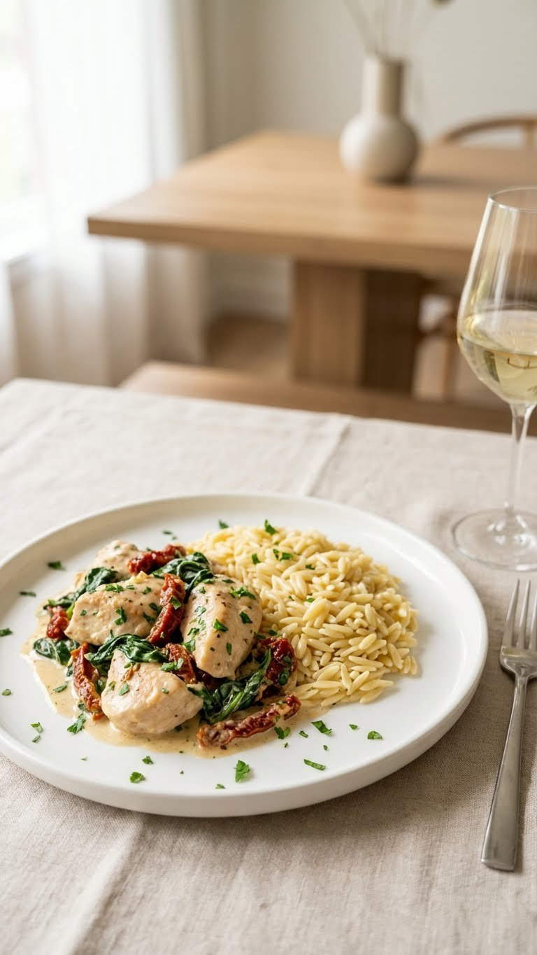 Plated Creamy Marry Me Chicken With Spinach, Sundried Tomatoes, Orzo Pasta, And Parsley Garnish.