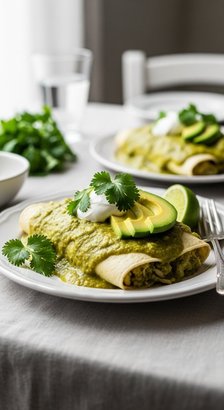 Plated Green Chicken Enchilada Garnished With Fresh Cilantro, Mexican Crema, And Creamy Avocado Slices.