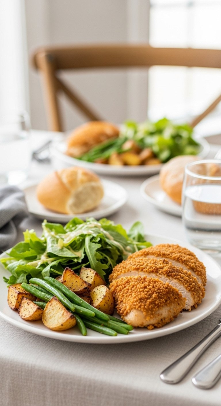 Plated Parmesan Crusted Chicken With Roasted Vegetables And A Fresh Side Salad.