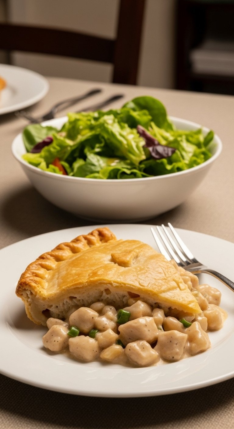 Plated Serving Of Chicken Pot Pie Served With A Crisp Green Salad In A White Bowl.