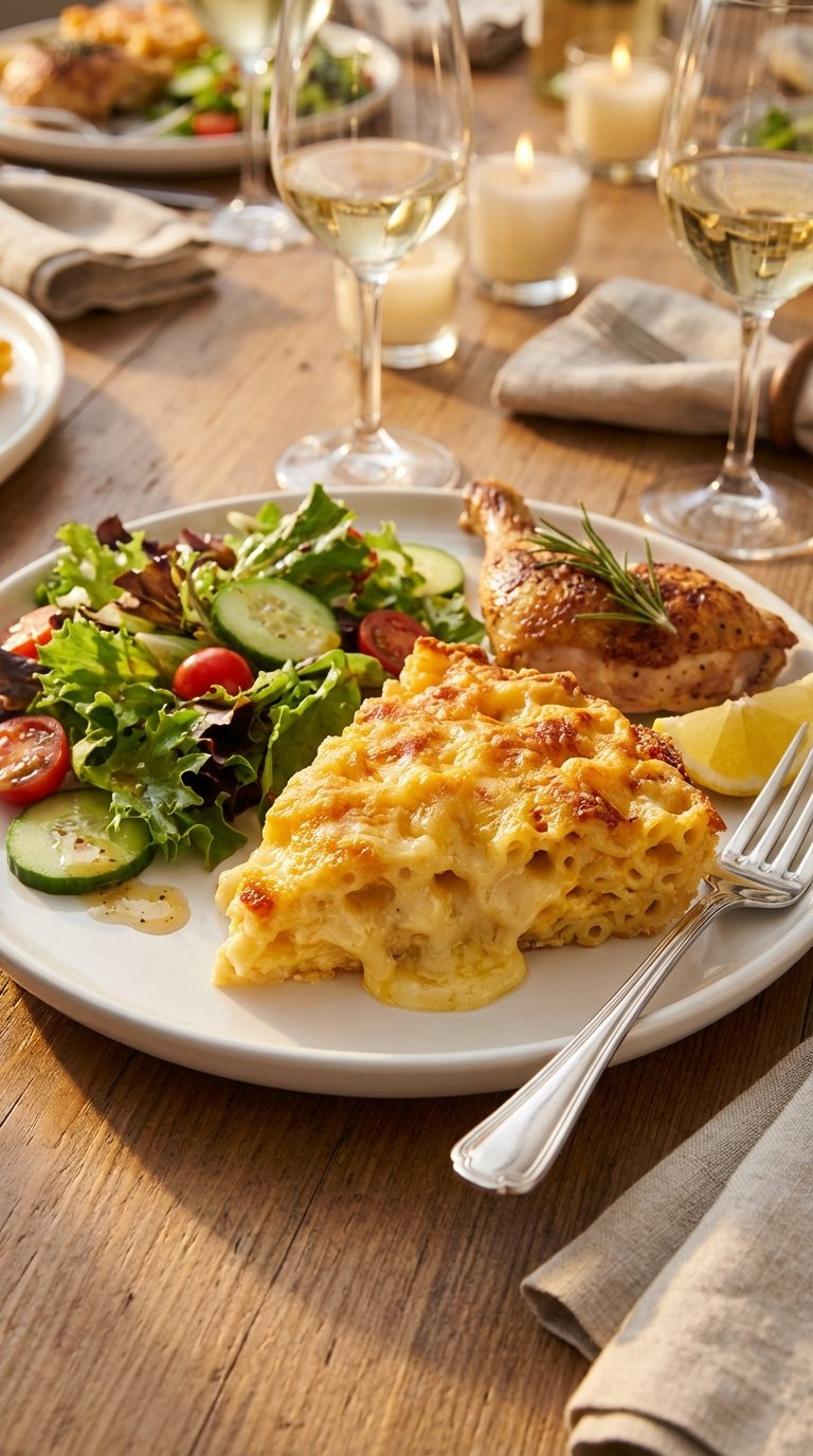 Plated Slice Of Baked Mac And Cheese With Golden Crust Alongside Crisp Green Salad And Roasted Chicken