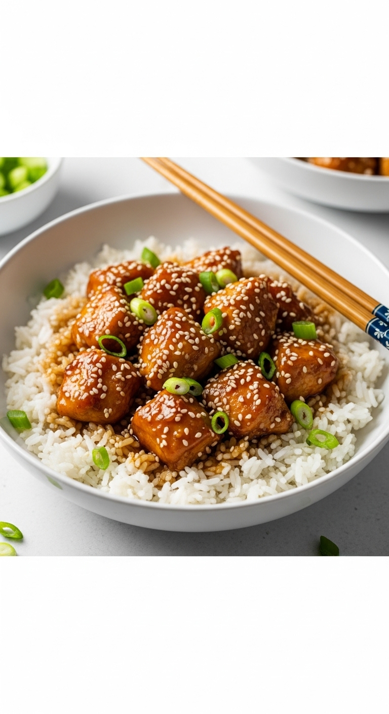 Plated Slow Cooker Honey Garlic Chicken With Rice And Green Onion Garnishes