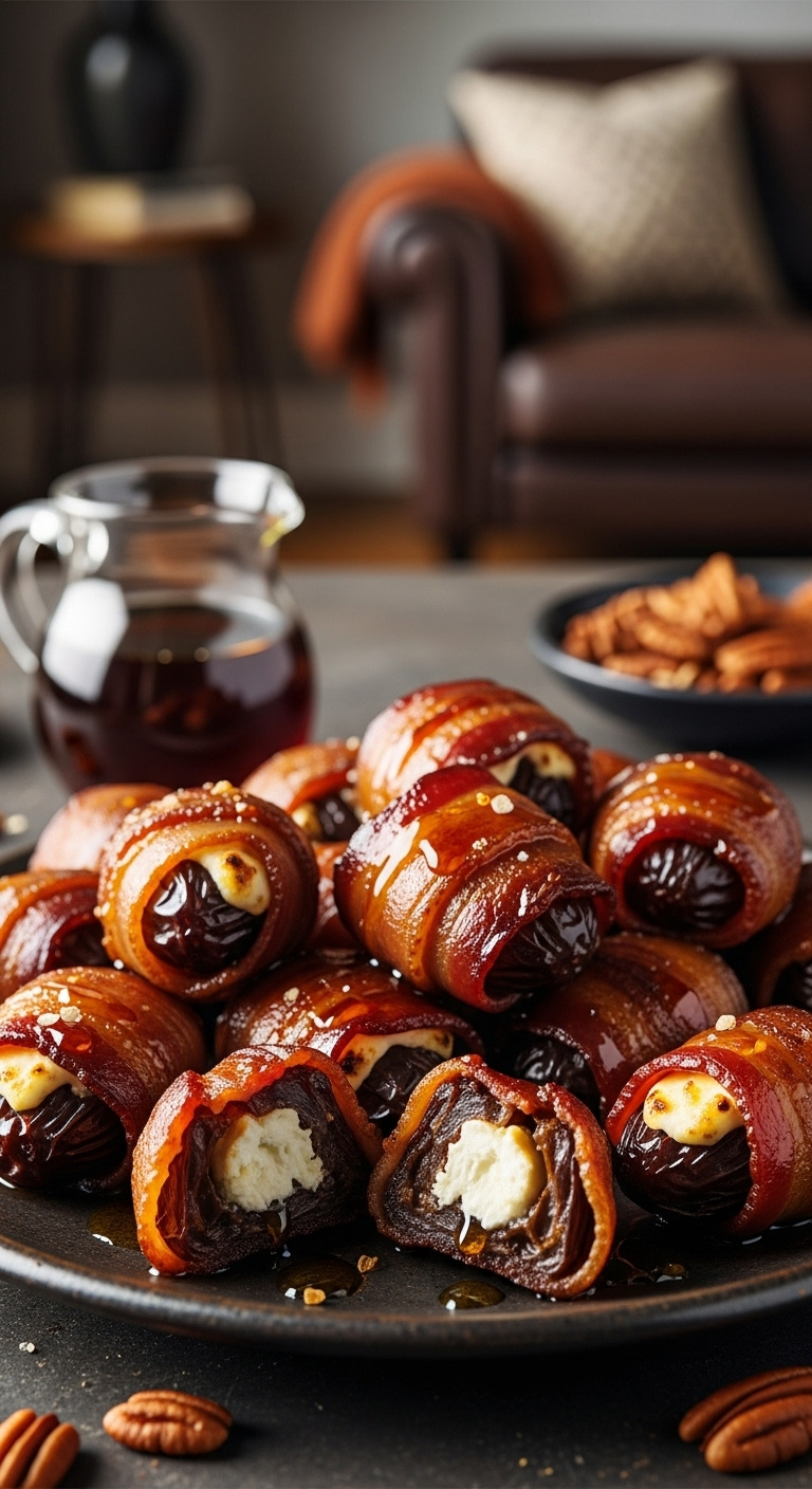 Platter Of Glistening Perfectly Cooked Maple Bacon Wrapped Dates With Crispy Bacon Plump Dates And Sweet Maple Glaze