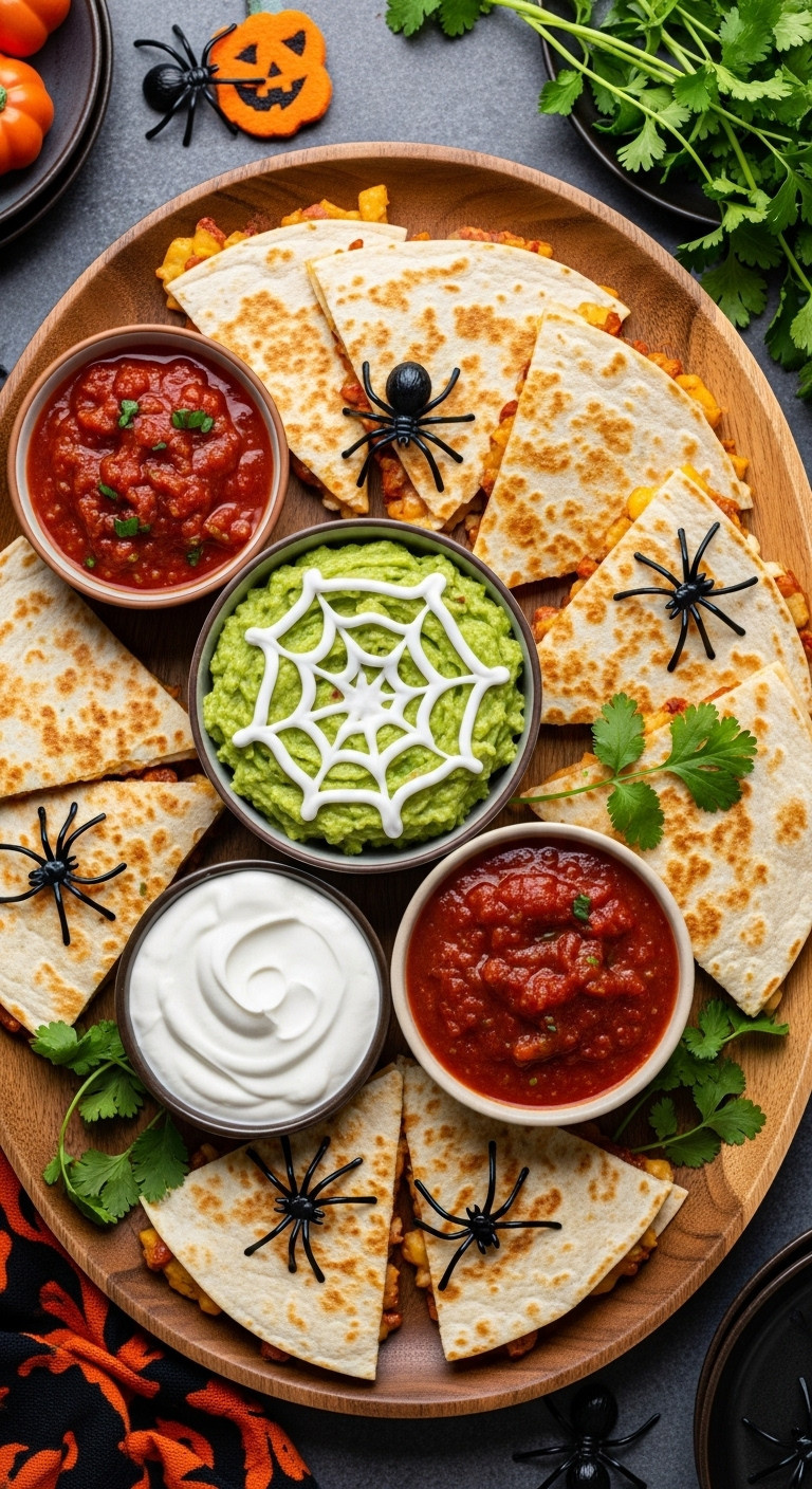 Platter Of Golden Jack-O-Lantern Quesadilla Wedges With Halloween Dips: Guacamole Spiderweb, Salsa, Sour Cream.