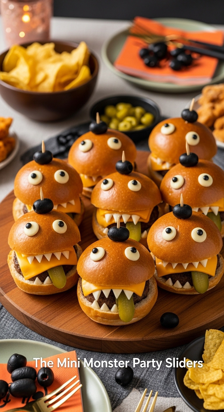 Platter Of Mini Monster Party Sliders With Cheese Teeth Olive Eyes And Pickle Tongues On A Wooden Serving Board With Party Snacks