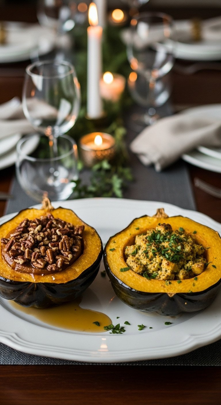 Platter With Sweet And Savory Roasted Acorn Squash Halves; One With Pecans And Syrup, The Other Garnished With Fresh Parsley.