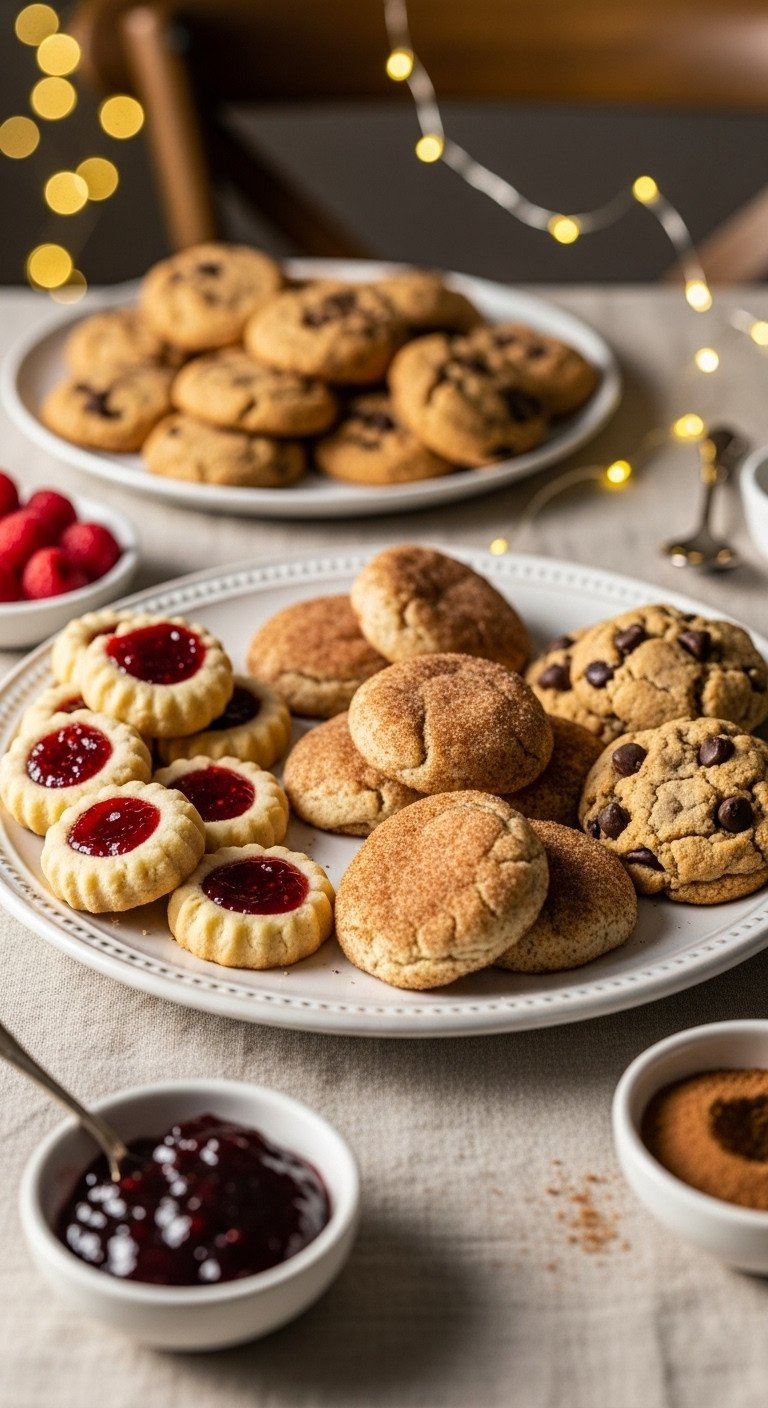 Platter With Three Cookie Variations From One Dough: Raspberry Thumbprints, Snickerdoodles, And Classic Chocolate Chip Cookies.