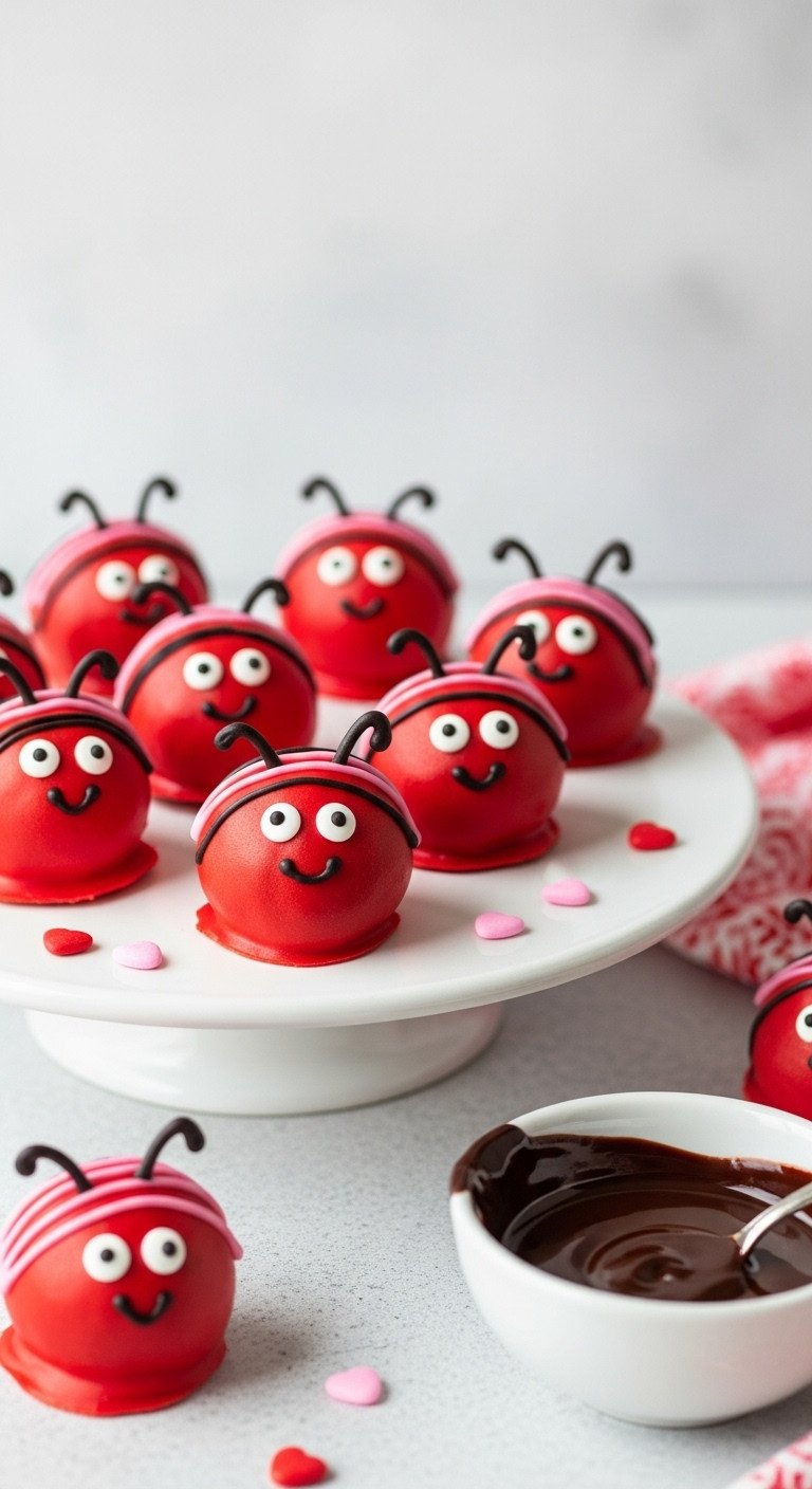 Playful Love Bug Oreo Cookie Balls, Red Chocolate-Dipped With Candy Eyes, For Valentine's Day Treats.
