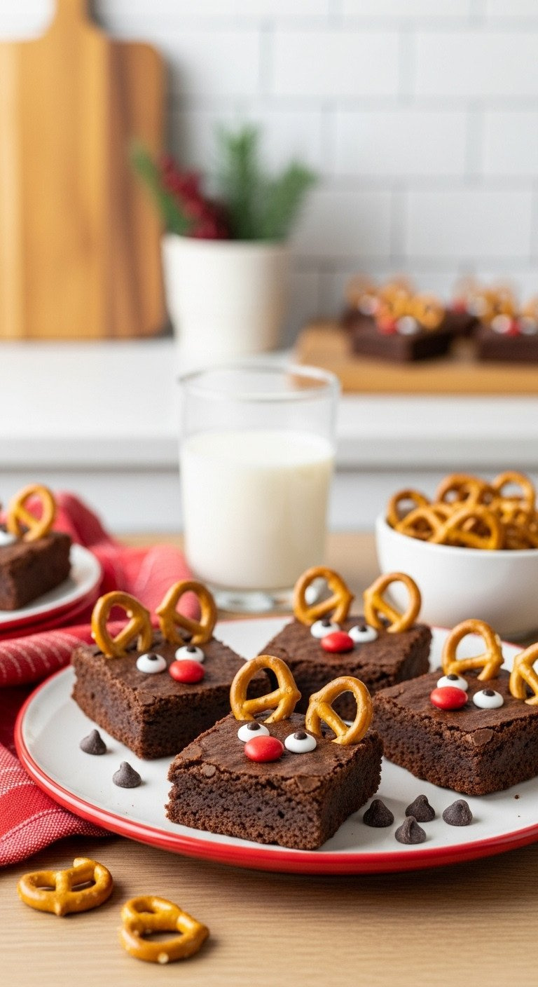 Playful Rudolph Reindeer Brownies Made With Fudgy Chocolate, Pretzel Antlers, And Candy Eyes On A Festive Red Plate.