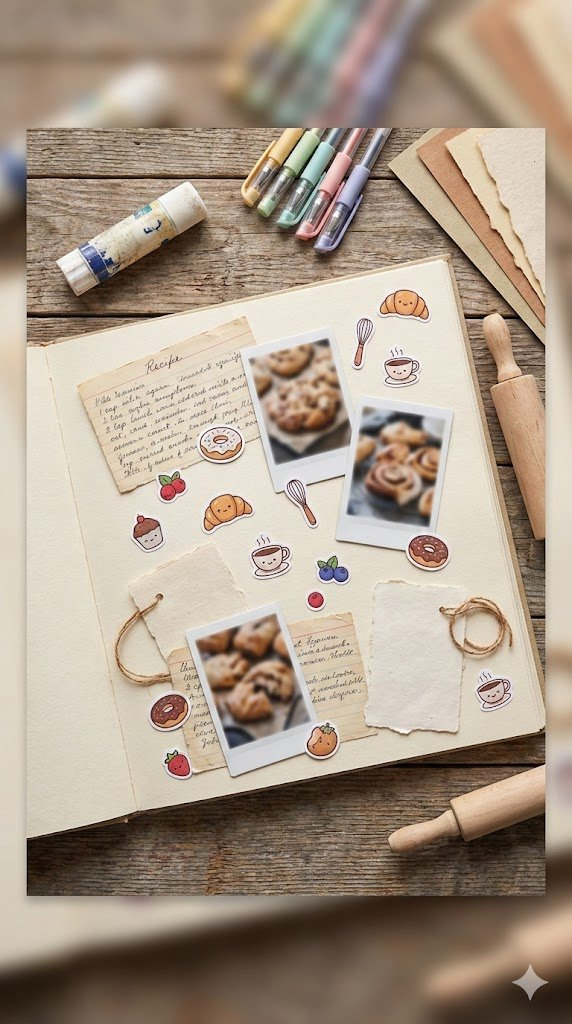 Playful Food Icon Stickers Scattered Across Baking Scrapbook Page With Craft Supplies On Wooden Table.