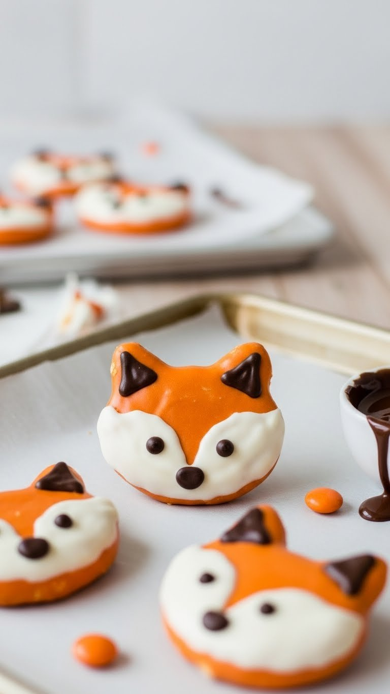 Playful Fox Pretzels Dipped In Orange Candy Melt With White Muzzle Details On Parchment-Lined Baking Sheet