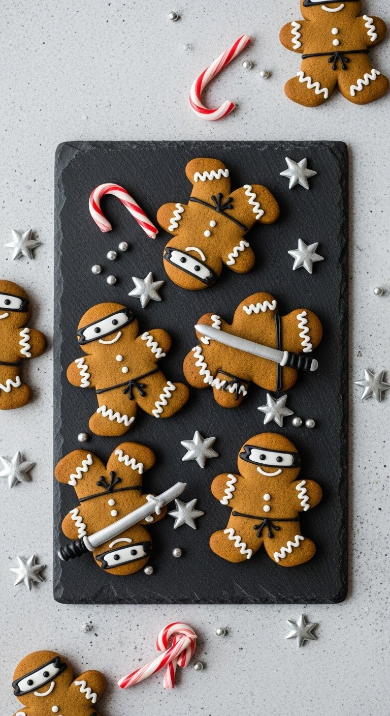 Playful Gingerbread Ninja Cookies, Black Icing Masks And Belts. Candy Cane Swords, Silver Stars. Dark Slate.