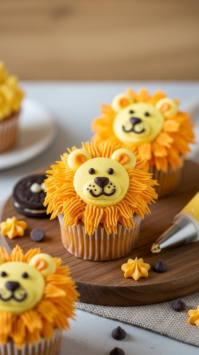 Playful Lion Mane Cupcakes With Yellow-Orange Buttercream Frosting And Chocolate Cookie Faces On Rustic Board