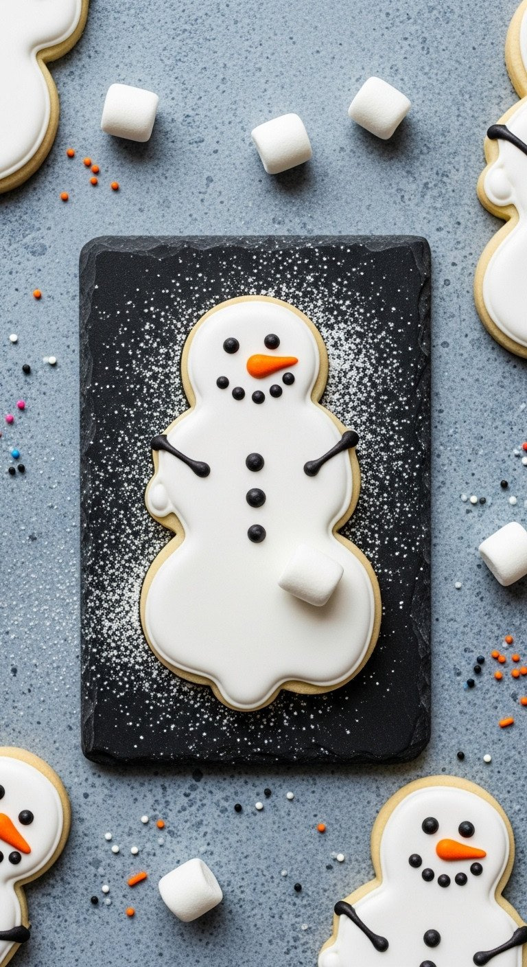 Playful Melted Snowman Sugar Cookie With White Icing, Marshmallow Head, And Carrot Nose On A Slate Surface.