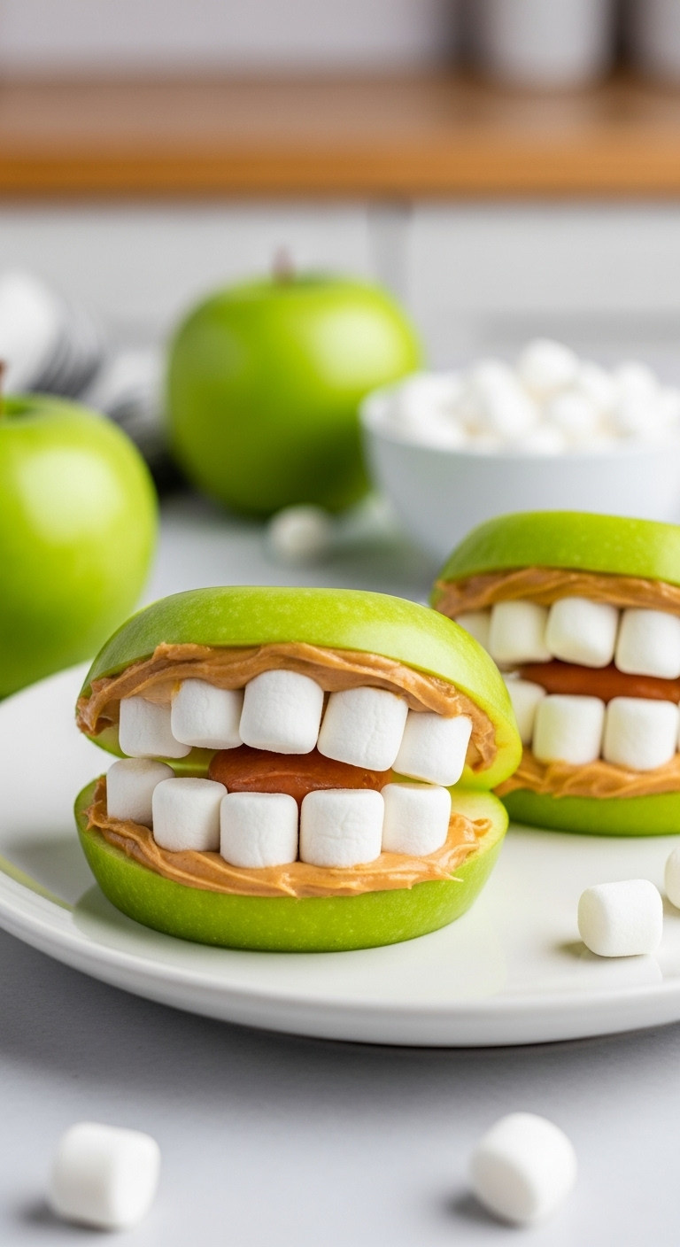Playful Monster Mouth Apple Snacks With Green Apple Slices, Peanut Butter, And Marshmallow Teeth On A White Plate For Halloween.
