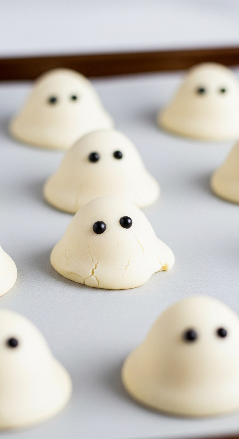 Playful White Ghost-Shaped Cookies With Black Candy Eyes On A Baking Sheet, Appearing To Vanish. Fun Halloween Treat.