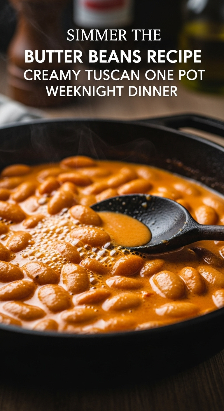 Plump Butter Beans Simmering In Creamy Tuscan Sauce In A Cast Iron Skillet With A Dark Wooden Spoon In A Rustic Kitchen