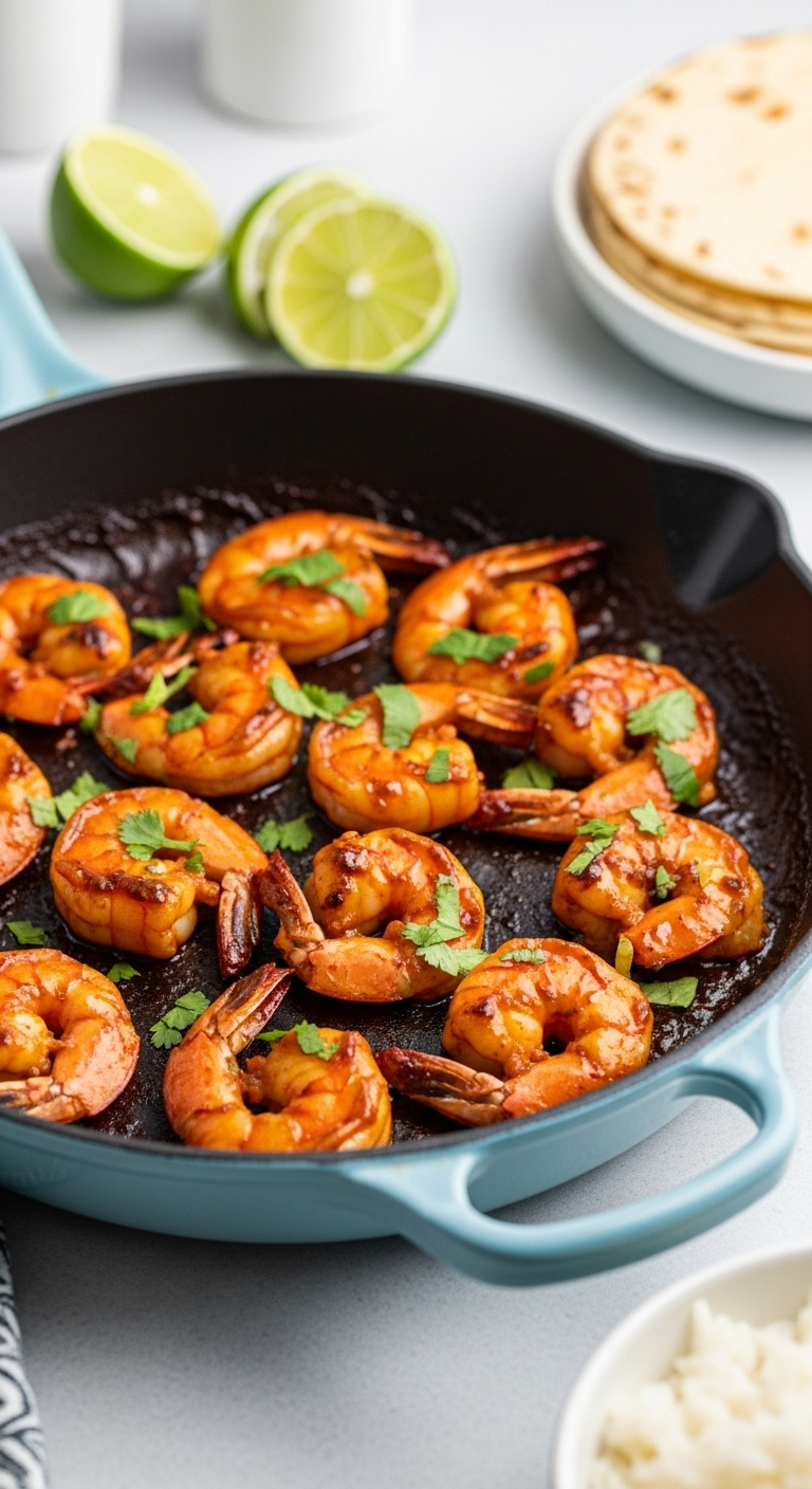 Plump Chipotle Chili Lime Shrimp In A Light Blue Cast-Iron Skillet Garnished With Cilantro Lime Wedges And White Rice