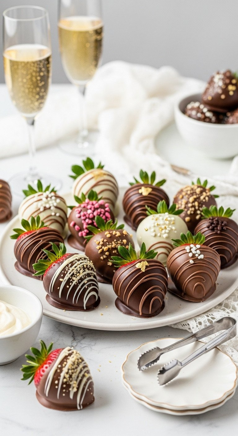 Plump Chocolate Covered Strawberries, Dark, Milk, White Chocolate, Gold Flakes, Nuts, Elegantly Arranged On White Marble.