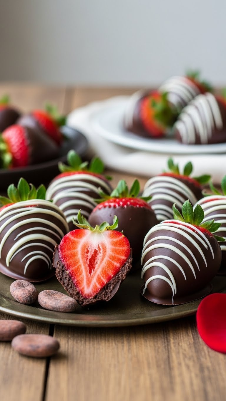 Plump Chocolate-Dipped Strawberries With White Chocolate Drizzle, Cocoa Beans &Amp; Rose On Rustic Wood Table, Soft Window Light.