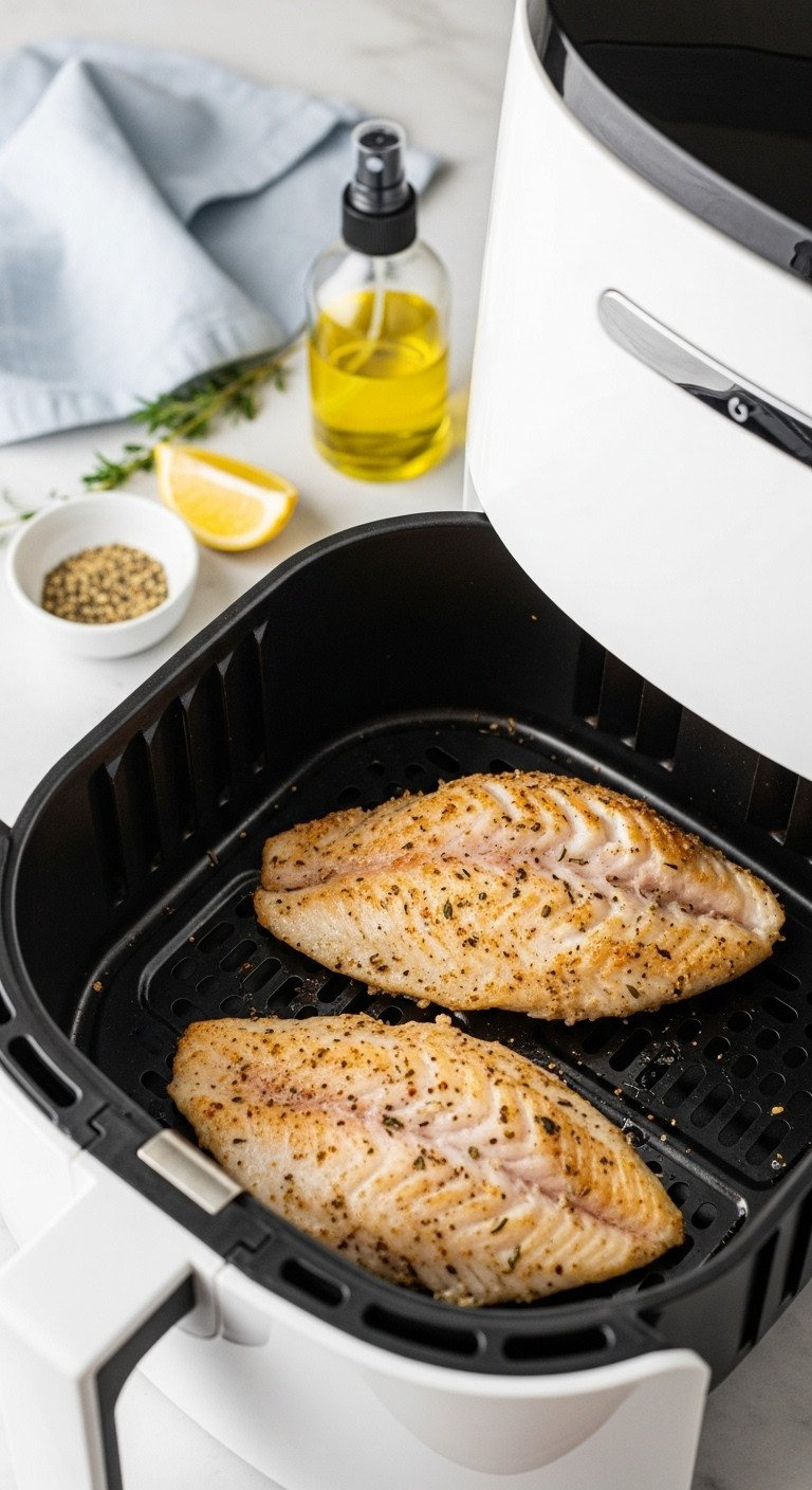 Plump, Crispy Air-Fried Tilapia Fillets In A Modern Air Fryer Basket With Lemon Pepper And Herbs On A White Marble Countertop.