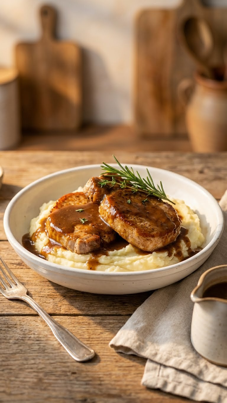 Plump Gravy Smothered Instant Pot Pork Chops On Creamy Mashed Potatoes, Garnished With Rosemary, In A White Ceramic Bowl.