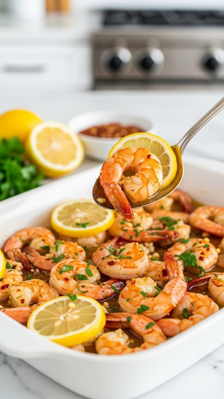 Plump Keto Shrimp Scampi Bake With Garlic-Butter Sauce And Lemon Wedges On White Marble