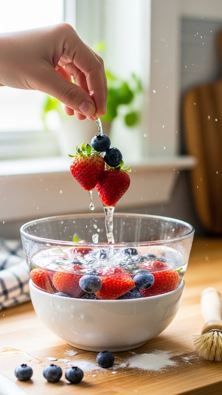 Plump Strawberries And Blueberries Gently Placed In Glass Bowl With Cloudy Baking Soda Wash Solution Swirling Around Them.