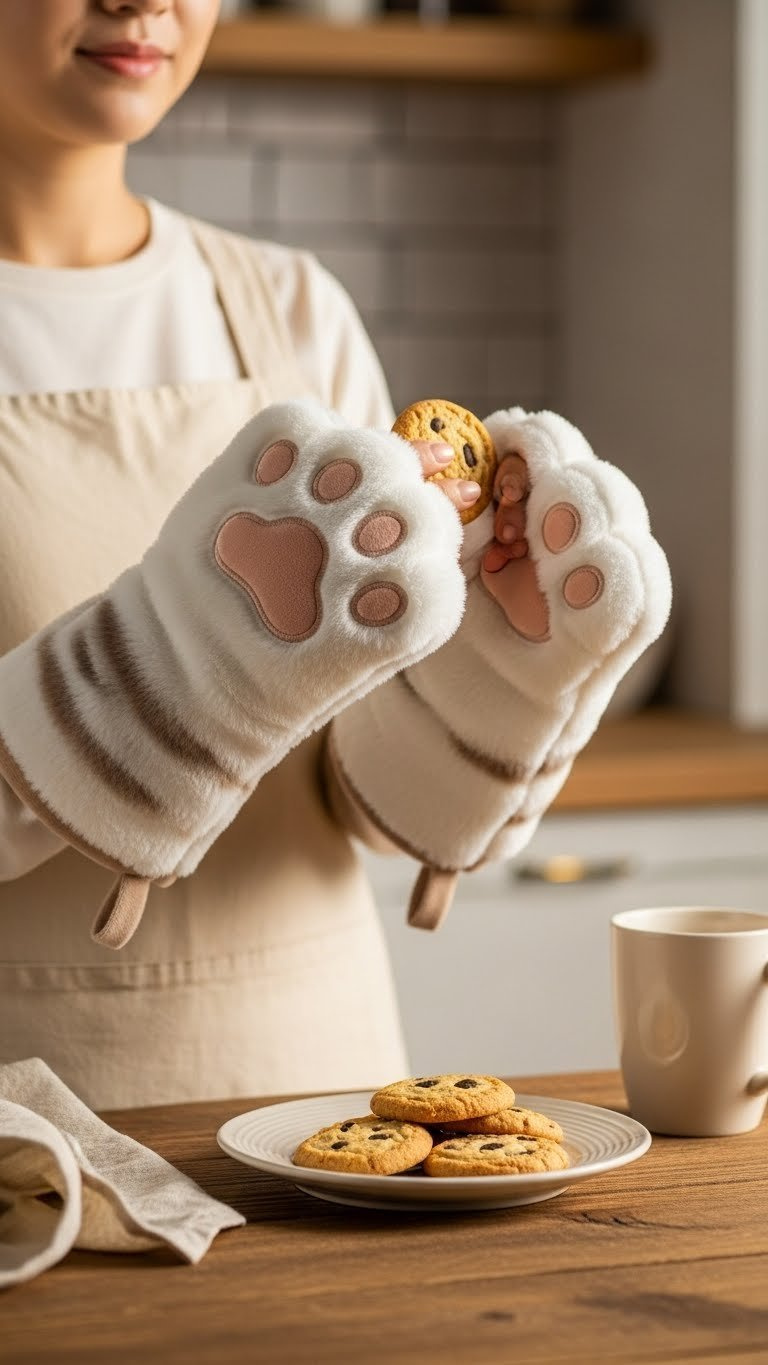 Plush 3D Cartoon Animal Paw Oven Mitts Holding A Warm Freshly Baked Cookie In A Cozy Rustic Kitchen Setting