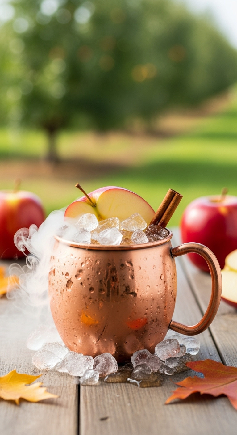 Poison Apple Cider Mule In A Copper Mug With Apple Slice Cinnamon Stick And Dry Ice Fog On A Wooden Surface