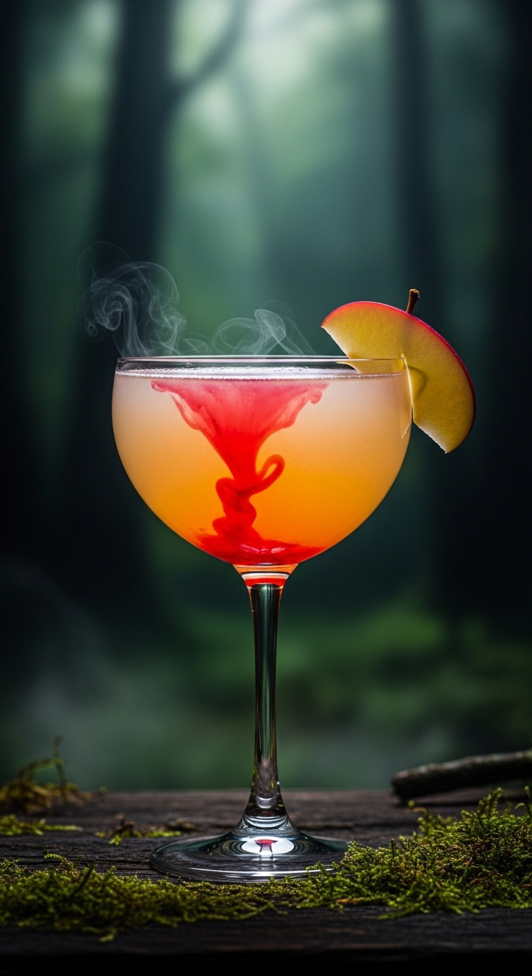 Poisoned Apple Cocktail With Dramatic Red Swirl And Dry Ice Smoke In Enchanted Forest