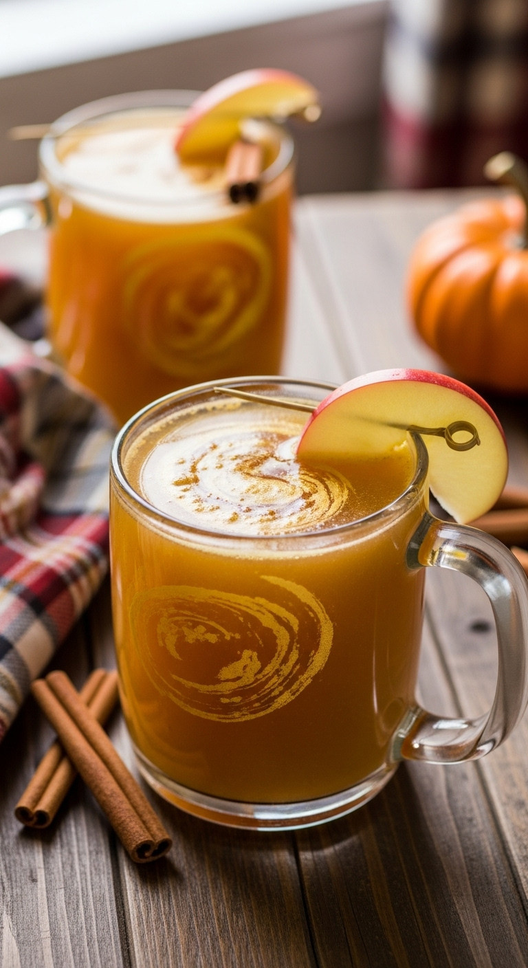 Poisoned Apple Cider Punch In A Rustic Glass Mug With Edible Gold Dust And An Apple Slice On A Wooden Table With Autumn Decor