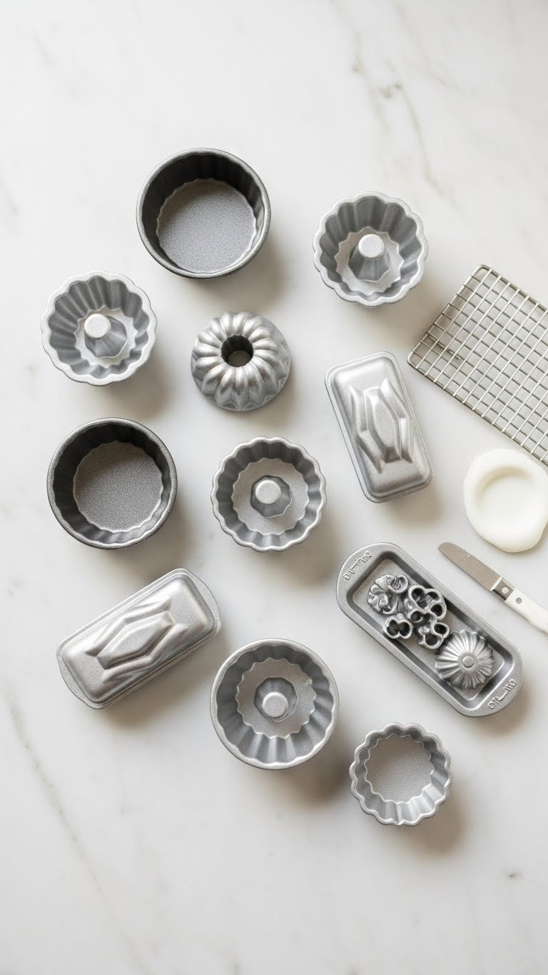 Polished Cast Aluminum Miniature Baking Pans Including Springform, Bundt And Loaf Pans Arranged Symmetrically On Marble Surface With Soft Bokeh Background.