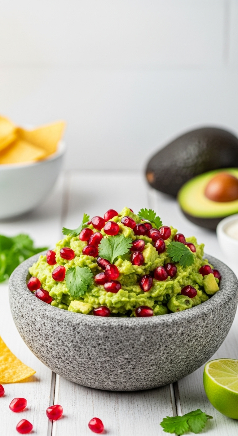 Pomegranate Guacamole In A Stone Bowl With Cilantro Tortilla Chips And Lime On A White Wood Surface