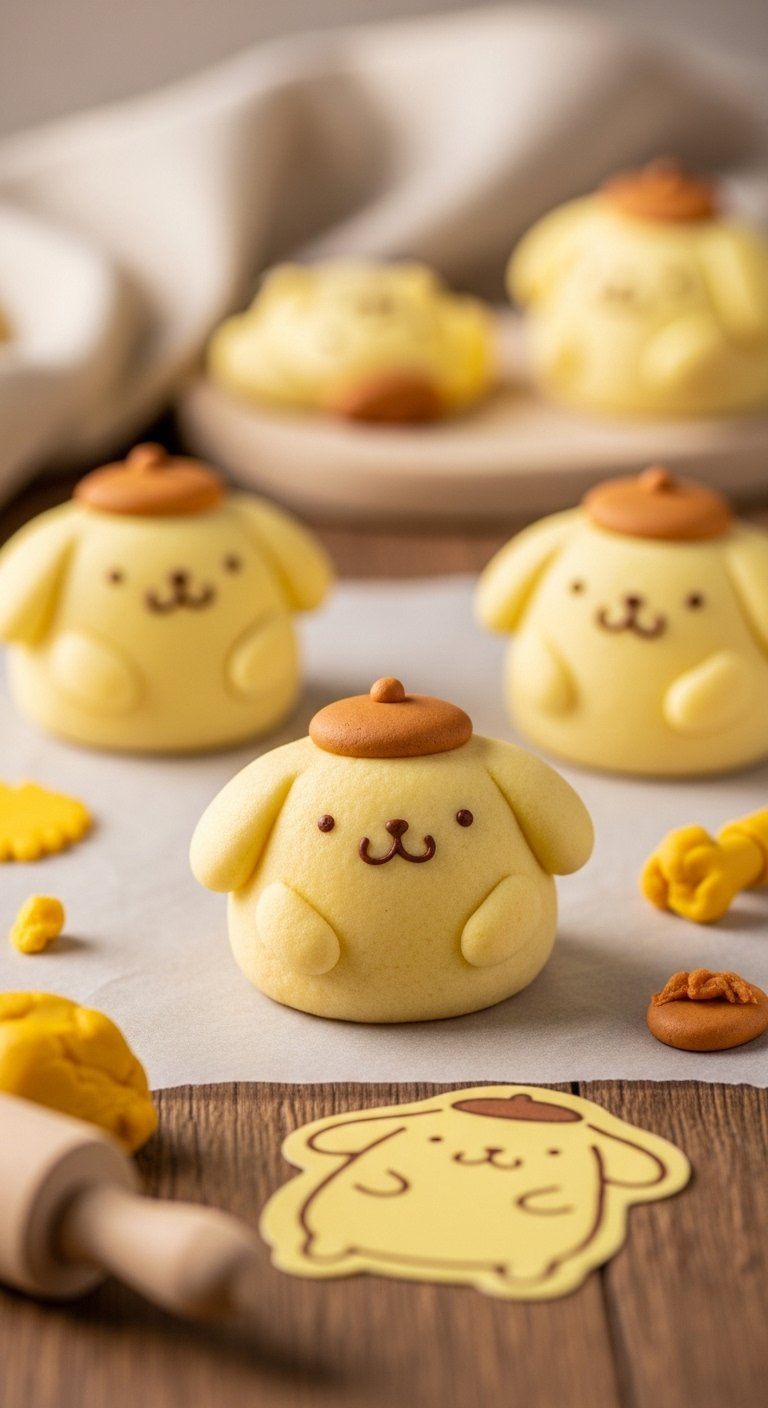 Pompompurin Sugar Cookies Topped With Brown Fondant Berets And Drawn Faces On A Rustic Wooden Table.