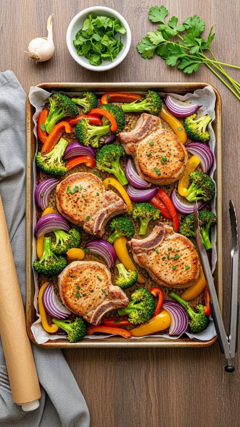 Pork Chops Nestled Among Roasted Broccoli, Onions, And Colorful Bell Peppers On A Baking Sheet