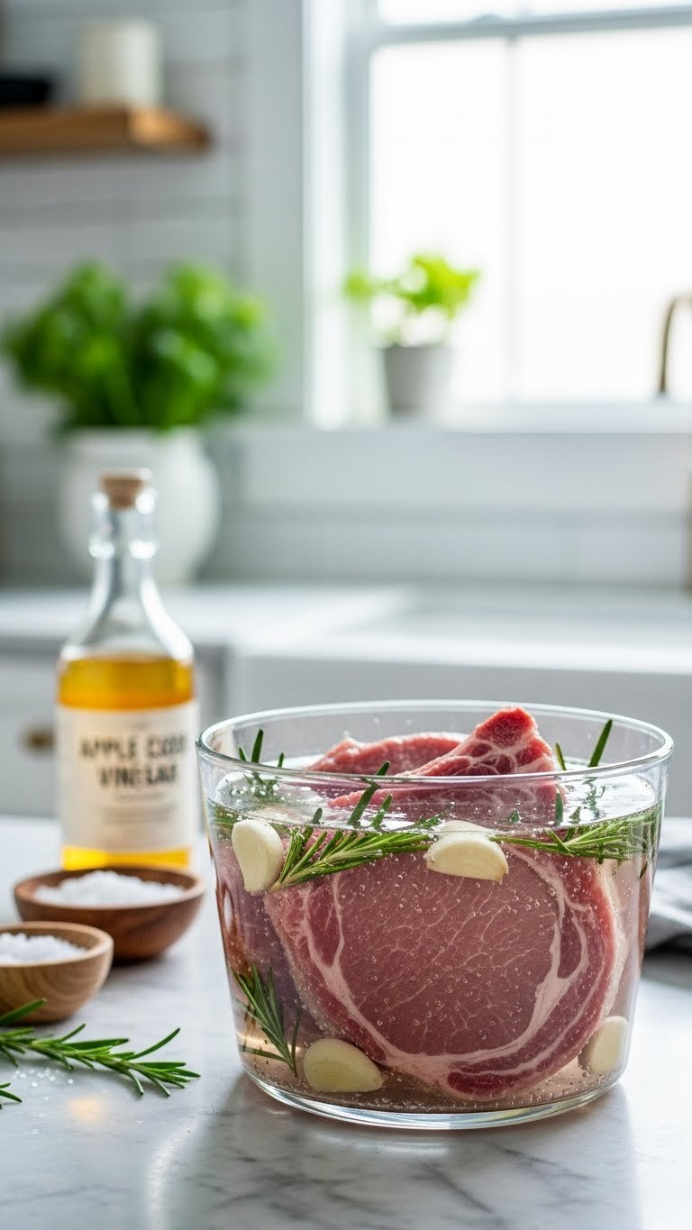 Pork Chops Submerged In Brine Solution With Rosemary And Garlic In Glass Container